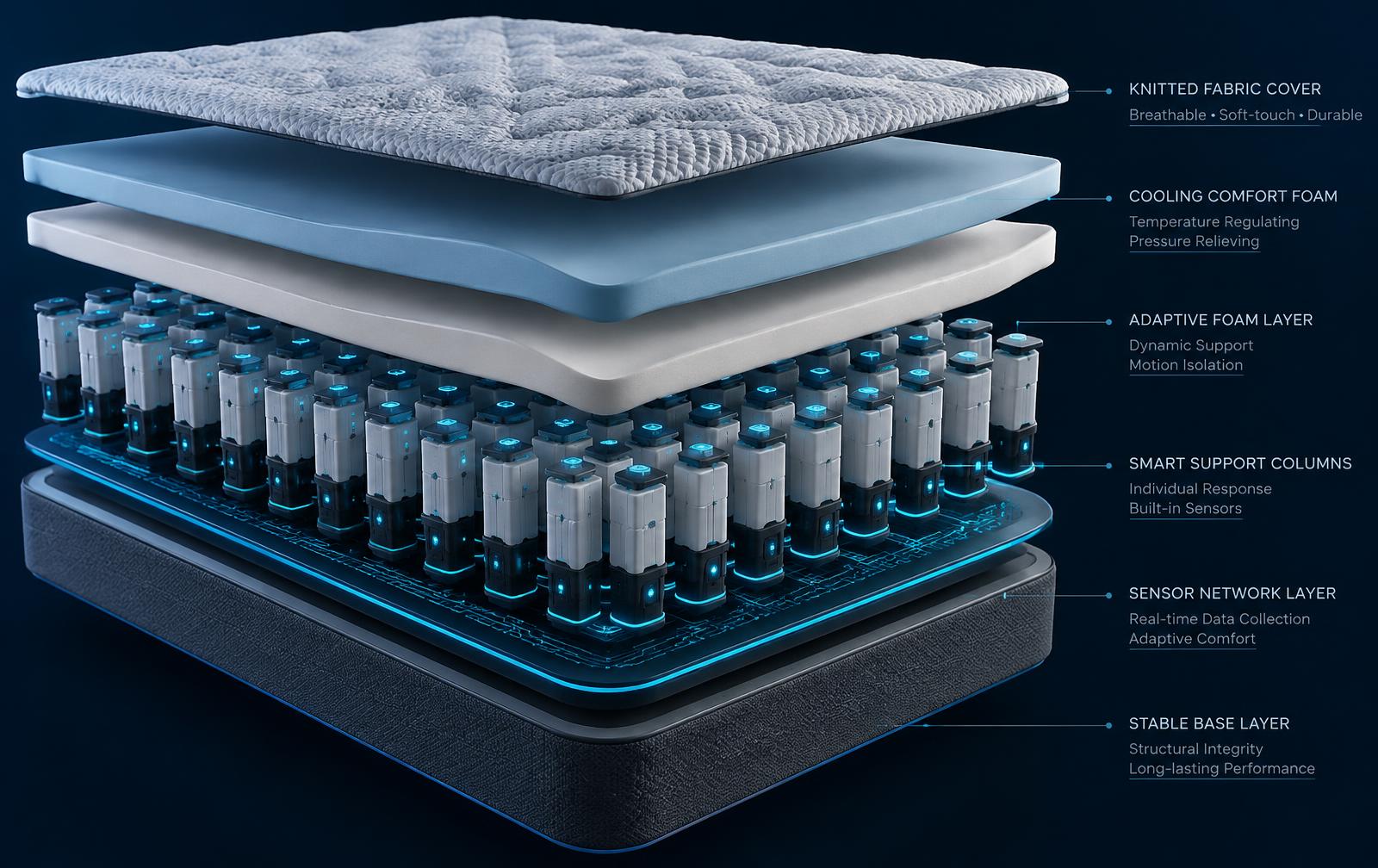 Exploded view of the HEKA AI Mattress layers and smart support columns